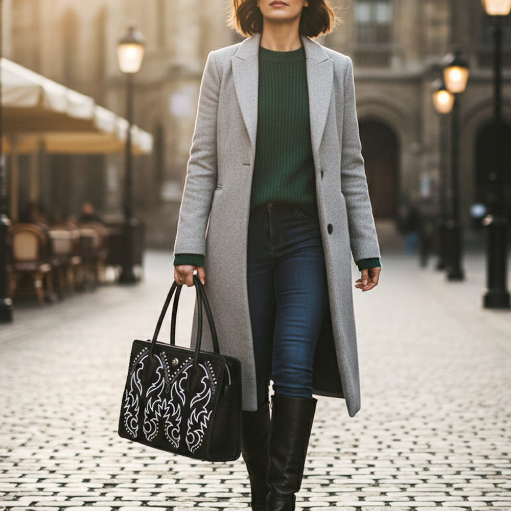 ADBGM762 Western Tote Bag - Black Leather with White Embroidery, Stud Accents & Braided Whipstitch Trim