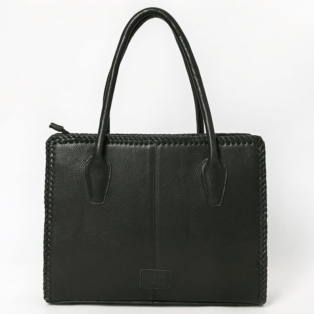 ADBGM762 Western Tote Bag - Black Leather with White Embroidery, Stud Accents & Braided Whipstitch Trim