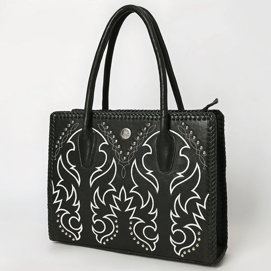 ADBGM762 Western Tote Bag - Black Leather with White Embroidery, Stud Accents & Braided Whipstitch Trim