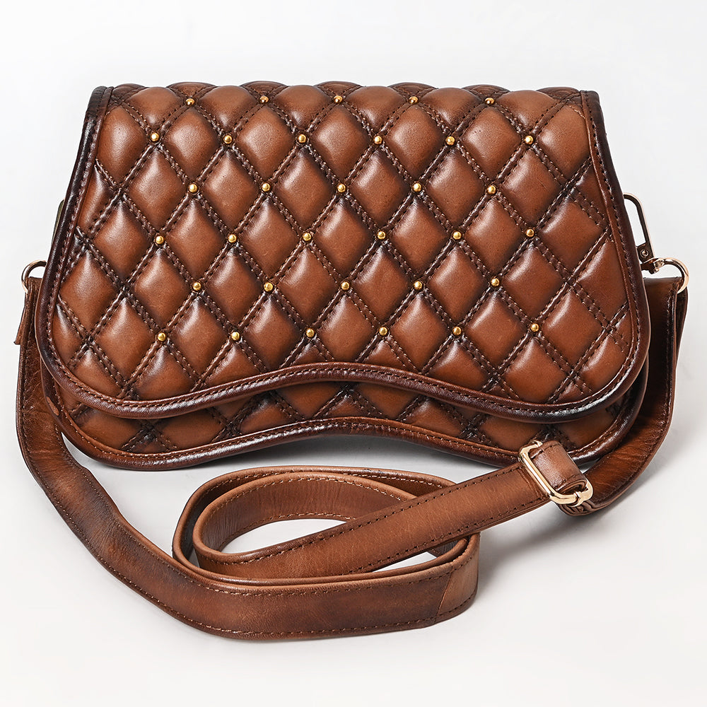 ADBGM764 Western Saddle Crossbody - Quilted Leather Bag with Gold Stud Accents & Curved Flap