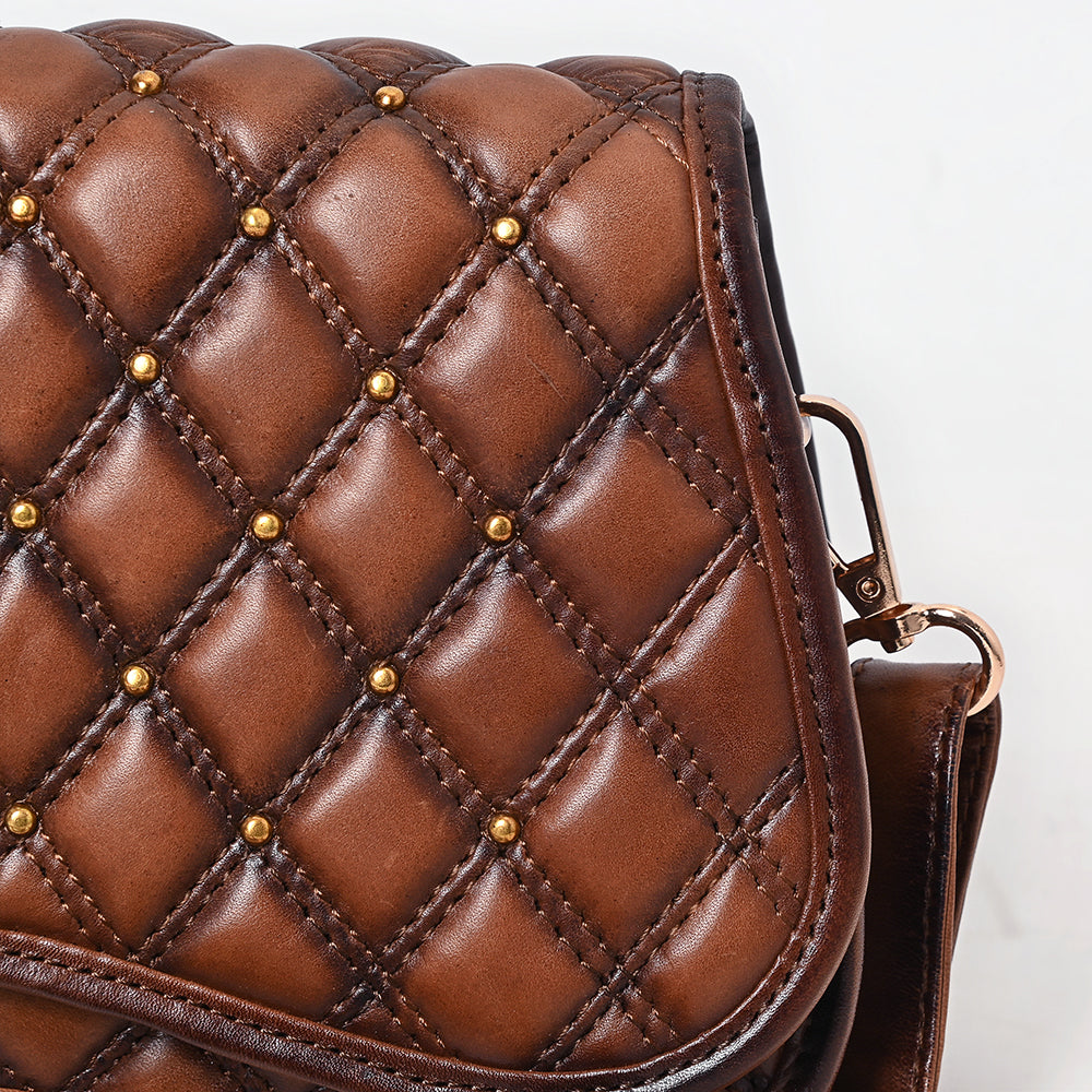 ADBGM764 Western Saddle Crossbody - Quilted Leather Bag with Gold Stud Accents & Curved Flap