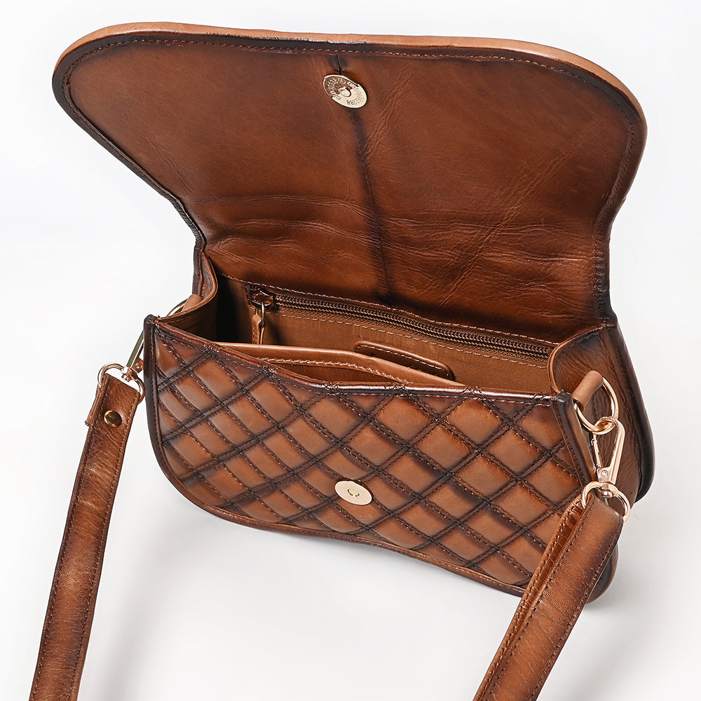 ADBGM764 Western Saddle Crossbody - Quilted Leather Bag with Gold Stud Accents & Curved Flap
