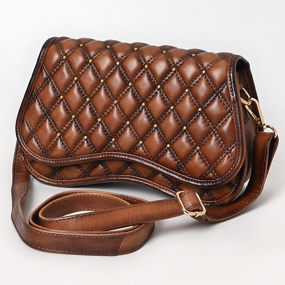 ADBGM764 Western Saddle Crossbody - Quilted Leather Bag with Gold Stud Accents & Curved Flap