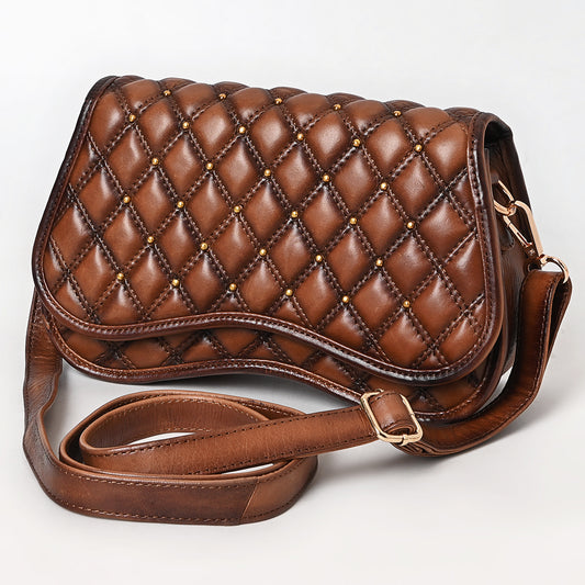 ADBGM764 Western Saddle Crossbody - Quilted Leather Bag with Gold Stud Accents & Curved Flap