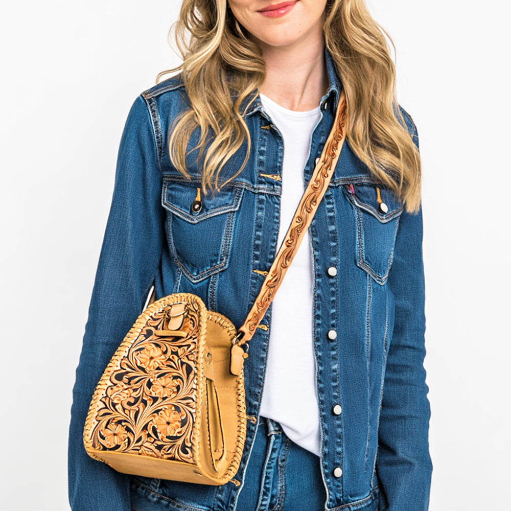 ADBGA854 Tooled Leather Sling Bag - Western Floral Hand-Carved Crossbody with Whipstitch Edges