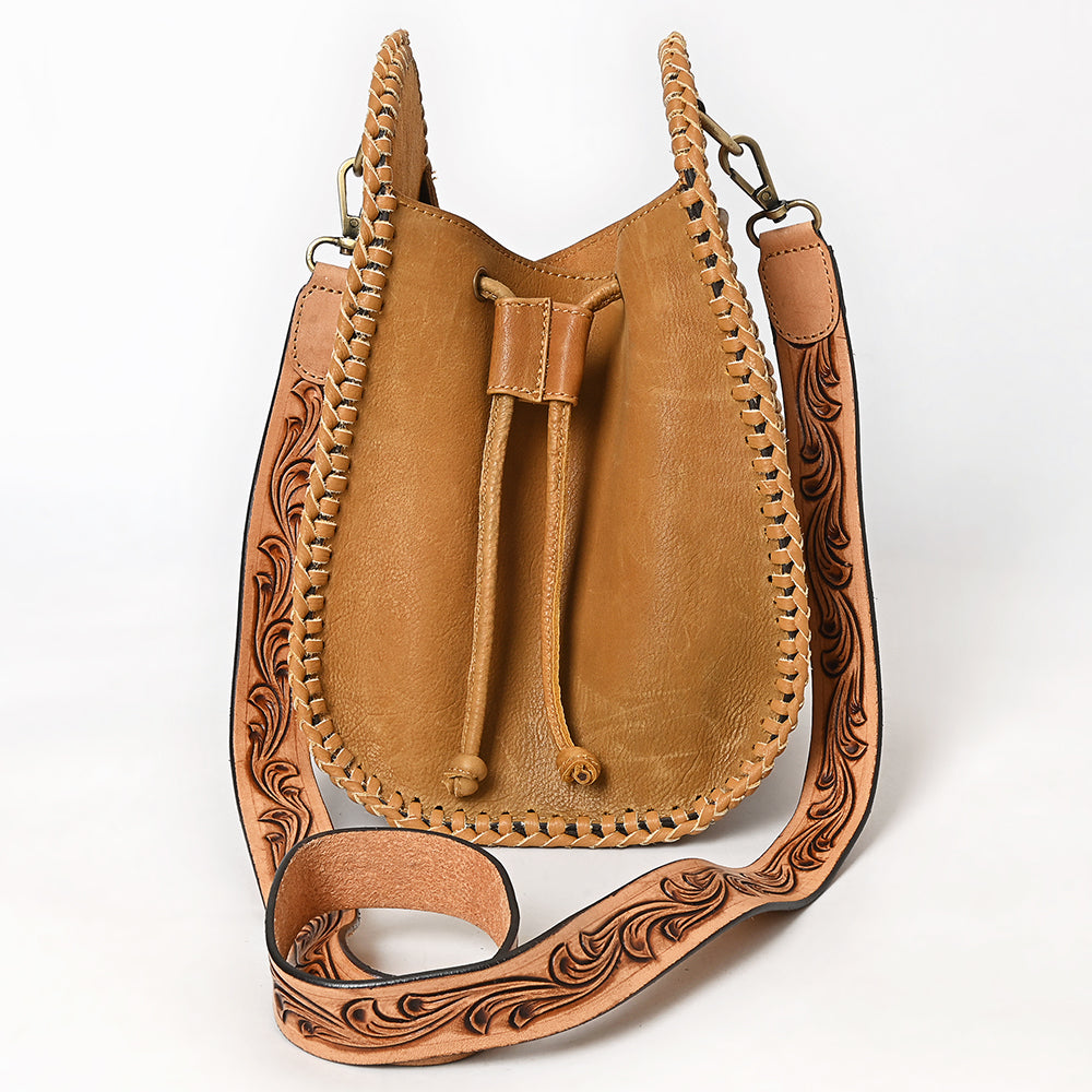 ADBGA854 Tooled Leather Sling Bag - Western Floral Hand-Carved Crossbody with Whipstitch Edges