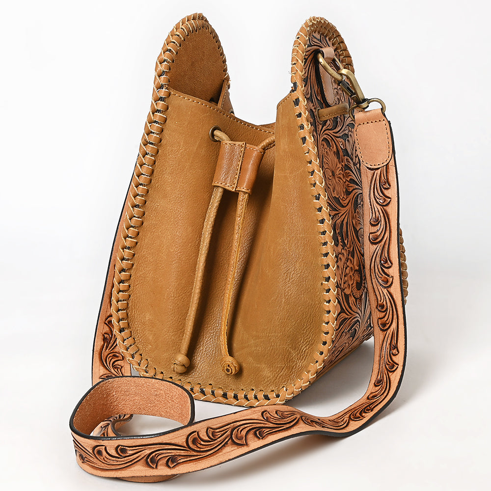 ADBGA854 Tooled Leather Sling Bag - Western Floral Hand-Carved Crossbody with Whipstitch Edges
