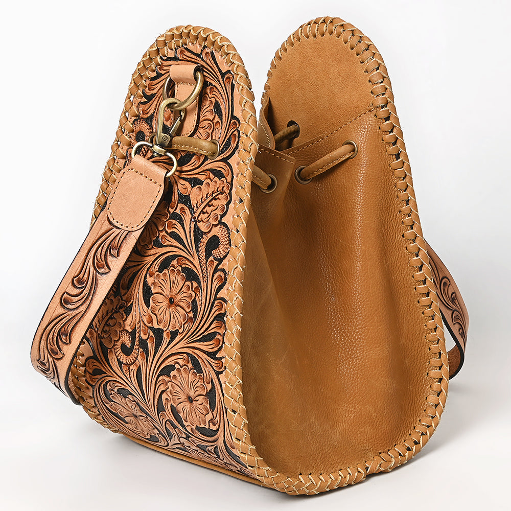 ADBGA854 Tooled Leather Sling Bag - Western Floral Hand-Carved Crossbody with Whipstitch Edges