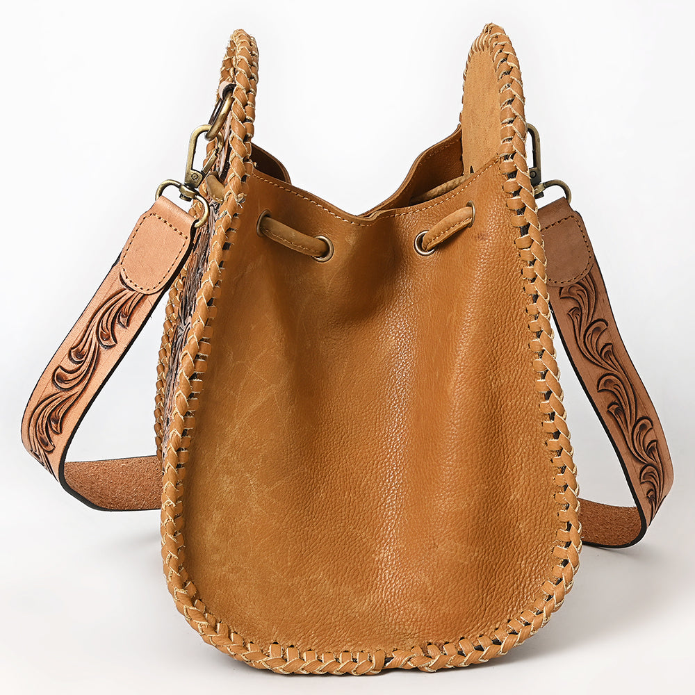 ADBGA854 Tooled Leather Sling Bag - Western Floral Hand-Carved Crossbody with Whipstitch Edges