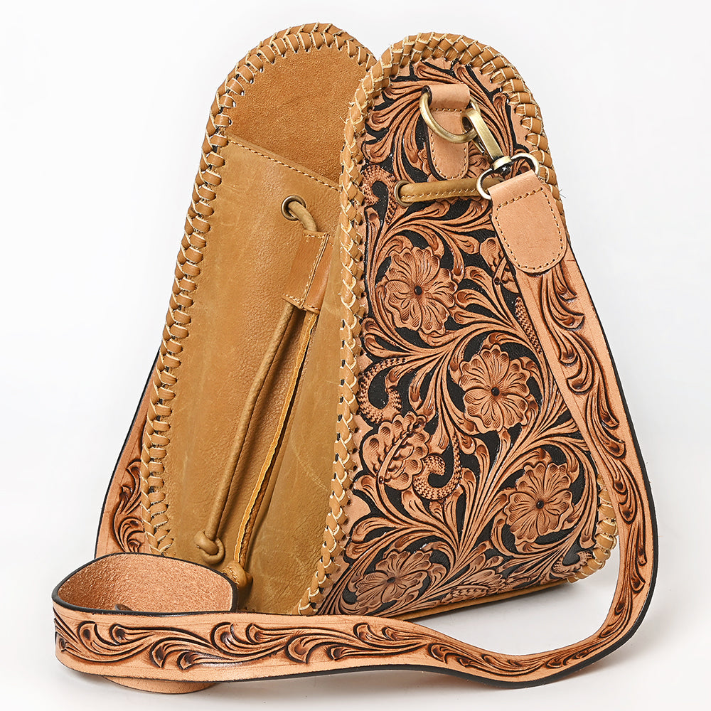 ADBGA854 Tooled Leather Sling Bag - Western Floral Hand-Carved Crossbody with Whipstitch Edges