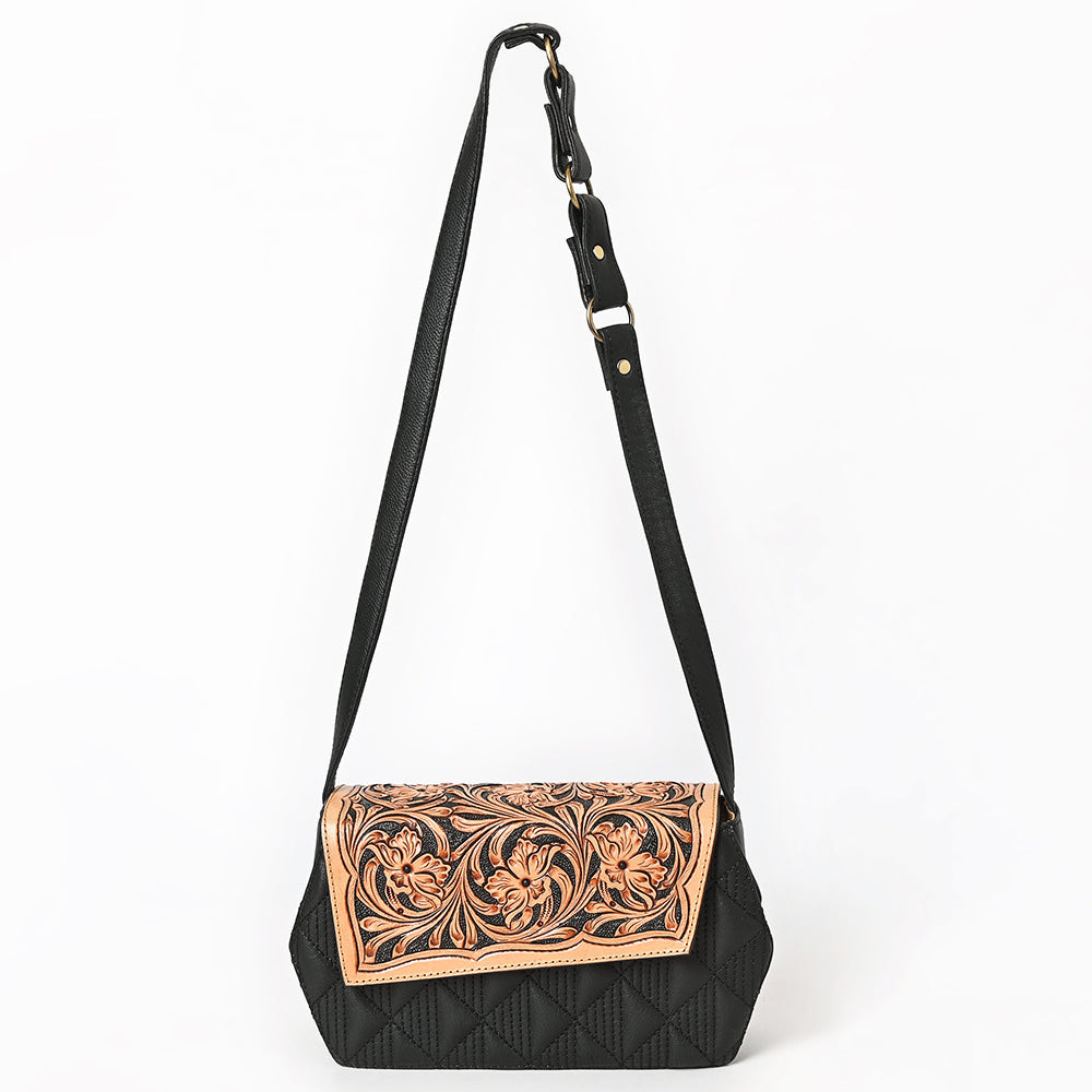 ADBGA856 Quilted Black Leather Crossbody Bag - Tooled Floral Flap with Western Strap