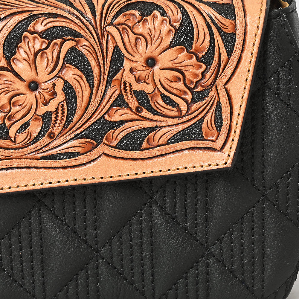 ADBGA856 Quilted Black Leather Crossbody Bag - Tooled Floral Flap with Western Strap