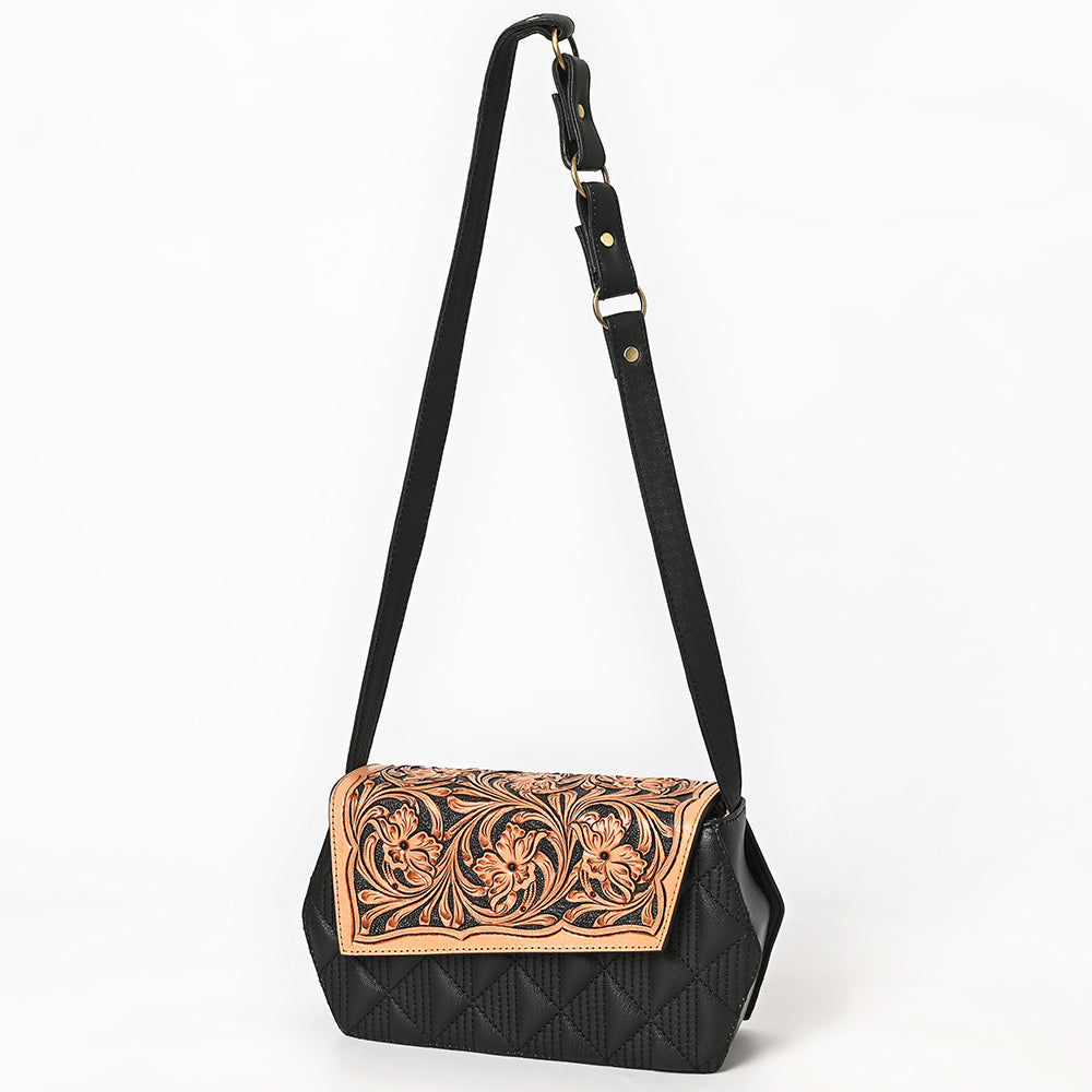 ADBGA856 Quilted Black Leather Crossbody Bag - Tooled Floral Flap with Western Strap