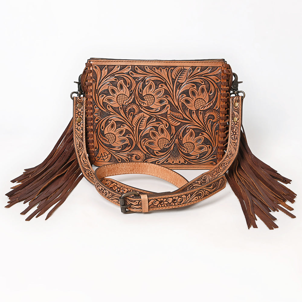 ADBG324 Hand-Tooled Leather Messenger Bag with Floral Carving and Fringe Strap