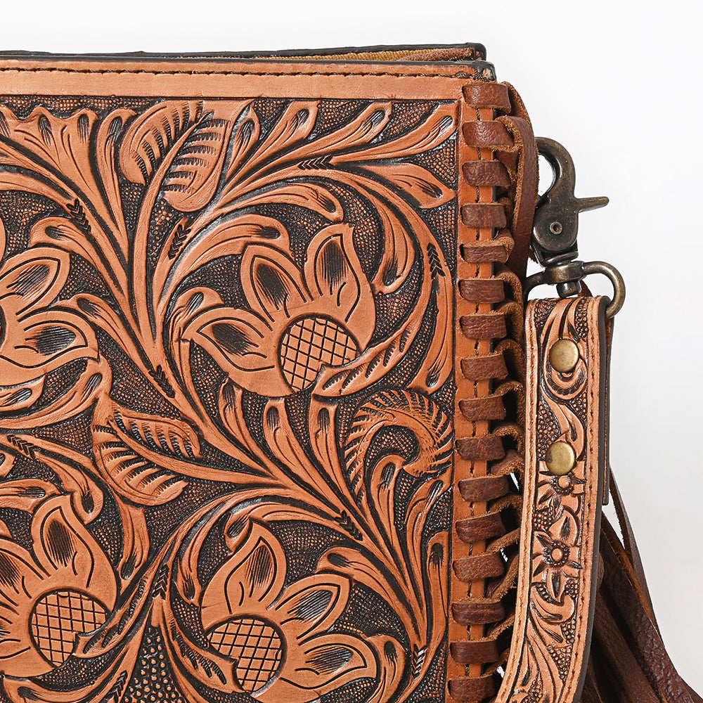 ADBG324 Hand-Tooled Leather Messenger Bag with Floral Carving and Fringe Strap