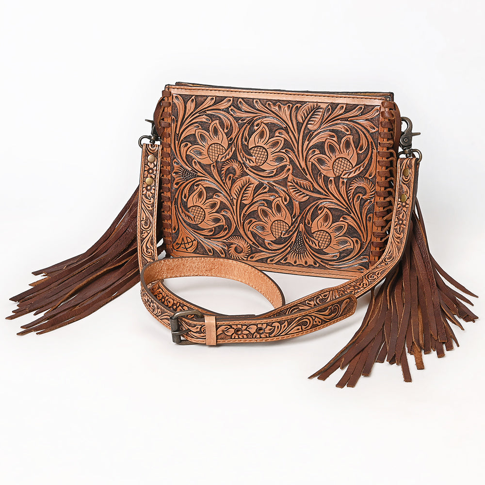 ADBG324 Hand-Tooled Leather Messenger Bag with Floral Carving and Fringe Strap