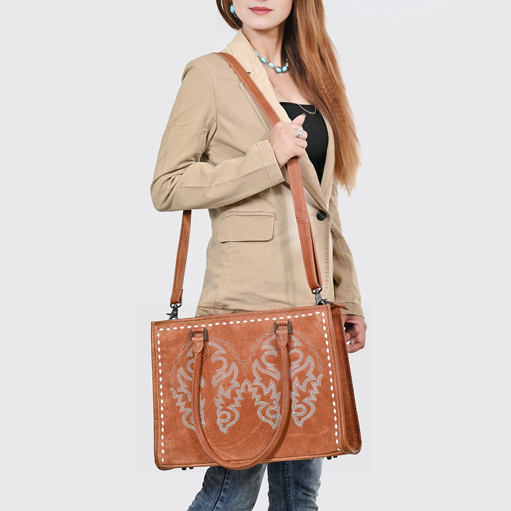 ADBG1744 Genuine suede Western Tote with White Embroidered Stitching & Diamond Whipstitch Trim