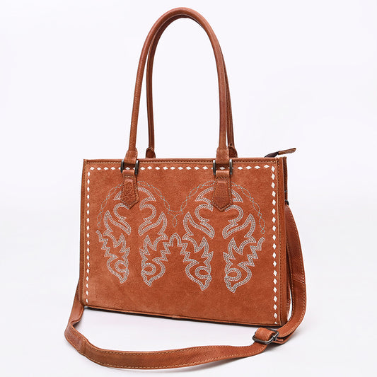 ADBG1744 Genuine suede Western Tote with White Embroidered Stitching & Diamond Whipstitch Trim