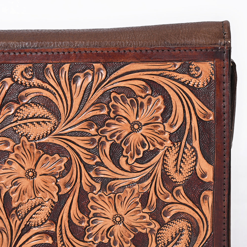 ADBGM768 Hand-Tooled Leather Portfolio - Western Floral Carved Clutch in Chestnut Brown