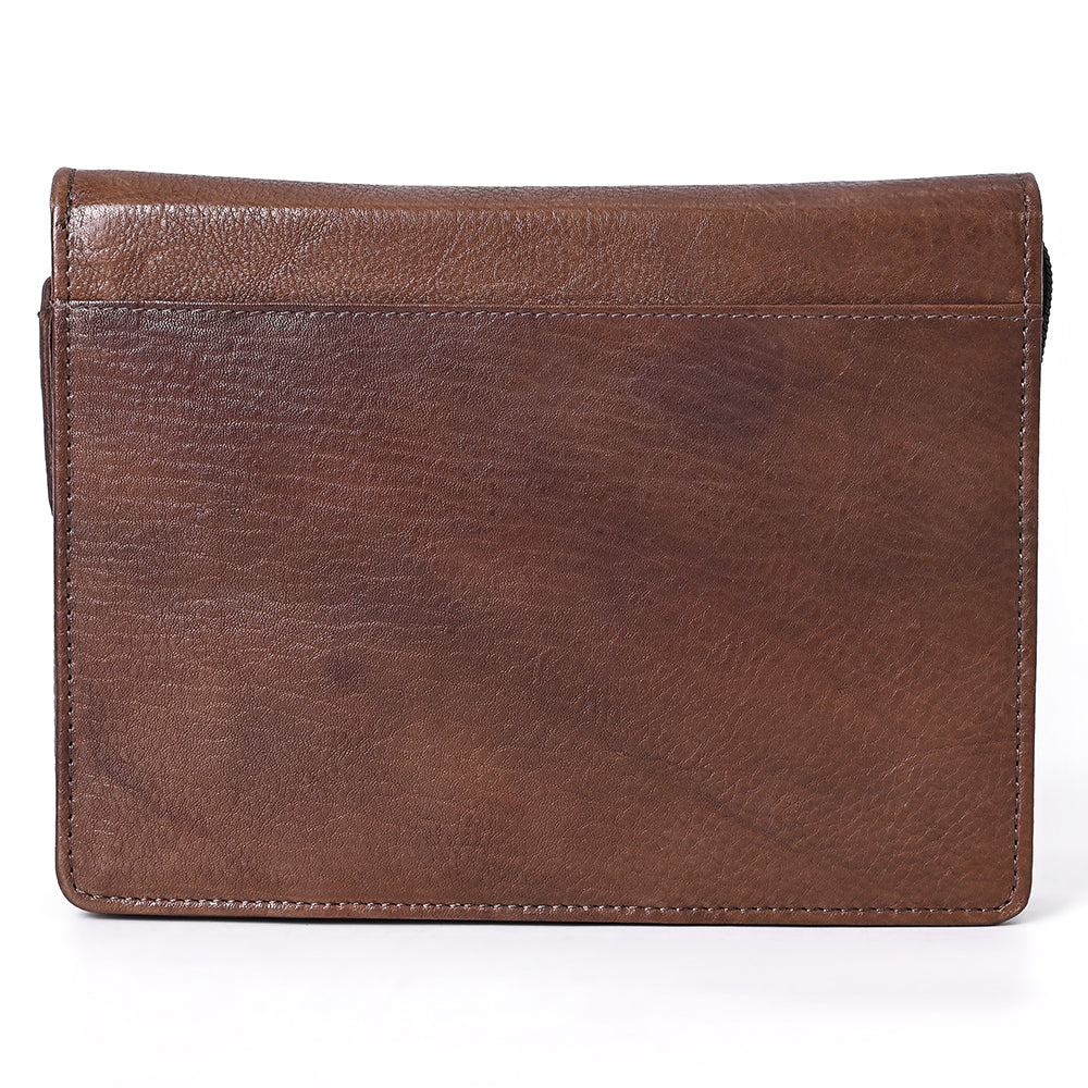 ADBGM768 Hand-Tooled Leather Portfolio - Western Floral Carved Clutch in Chestnut Brown