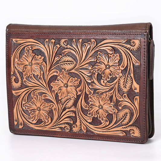 ADBGM768 Hand-Tooled Leather Portfolio - Western Floral Carved Clutch in Chestnut Brown
