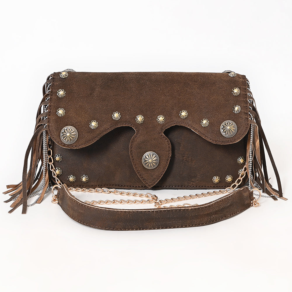 ADBGA872 Brown Genuine suede Fringe Clutch - Western Studded Concho Purse with Chain Strap