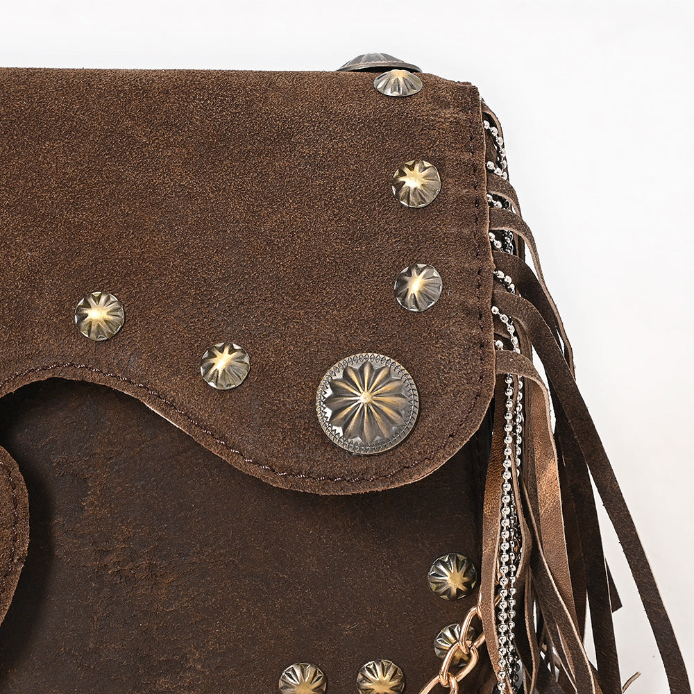 ADBGA872 Brown Genuine suede Fringe Clutch - Western Studded Concho Purse with Chain Strap