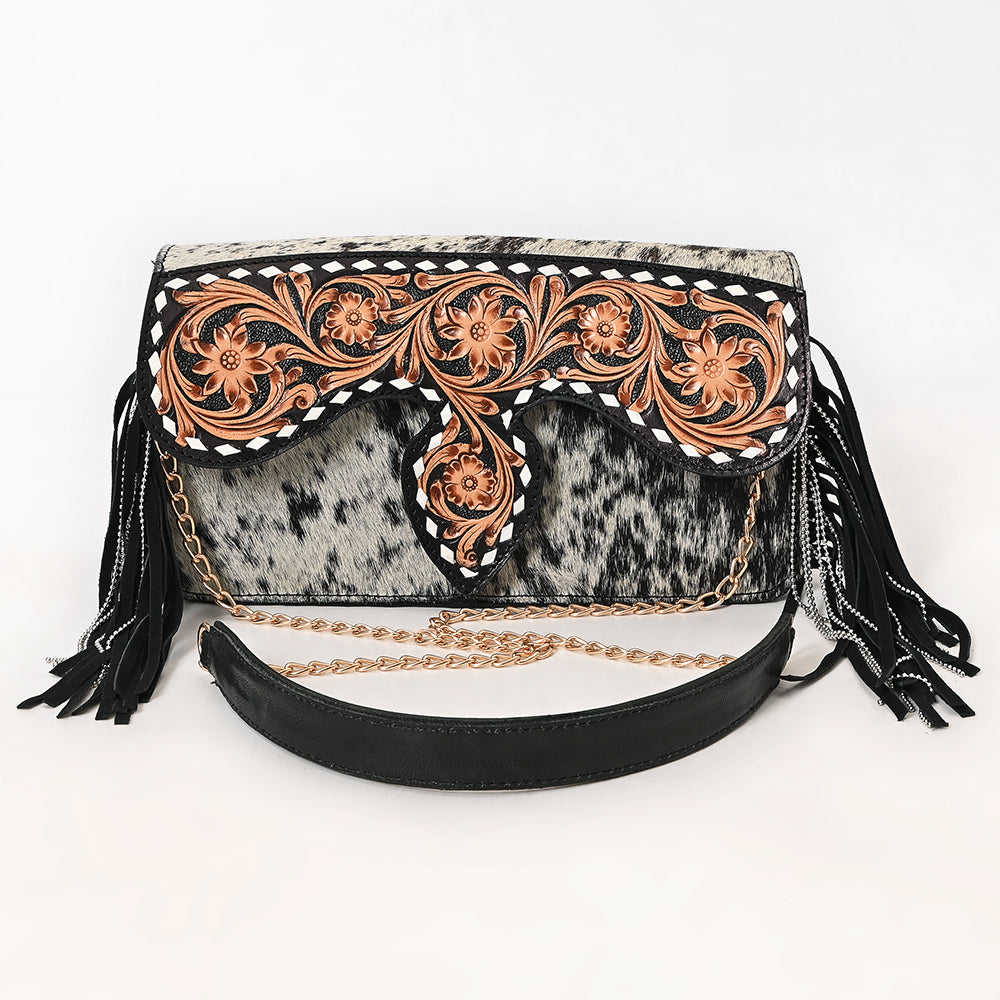 ADBGA876 Hair-On Hide & Tooled Leather Fringe Clutch - Western Floral Chain Strap Purse