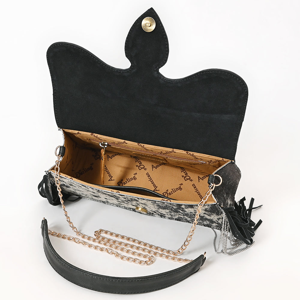 ADBGA876 Hair-On Hide & Tooled Leather Fringe Clutch - Western Floral Chain Strap Purse