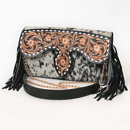 ADBGA876 Hair-On Hide & Tooled Leather Fringe Clutch - Western Floral Chain Strap Purse