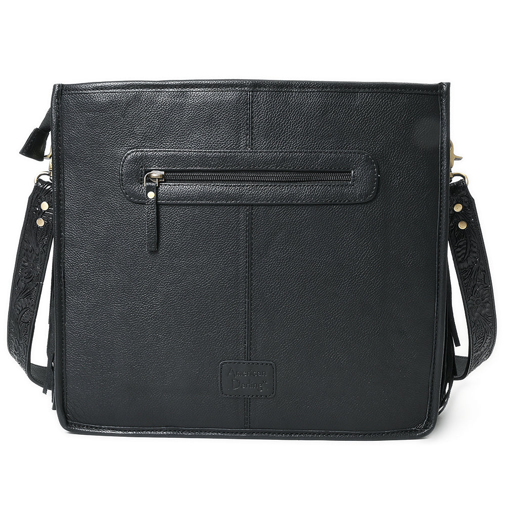 ADBGA881 Black Tooled Leather Fringe Crossbody - Western Concho & Turquoise Accent Bag