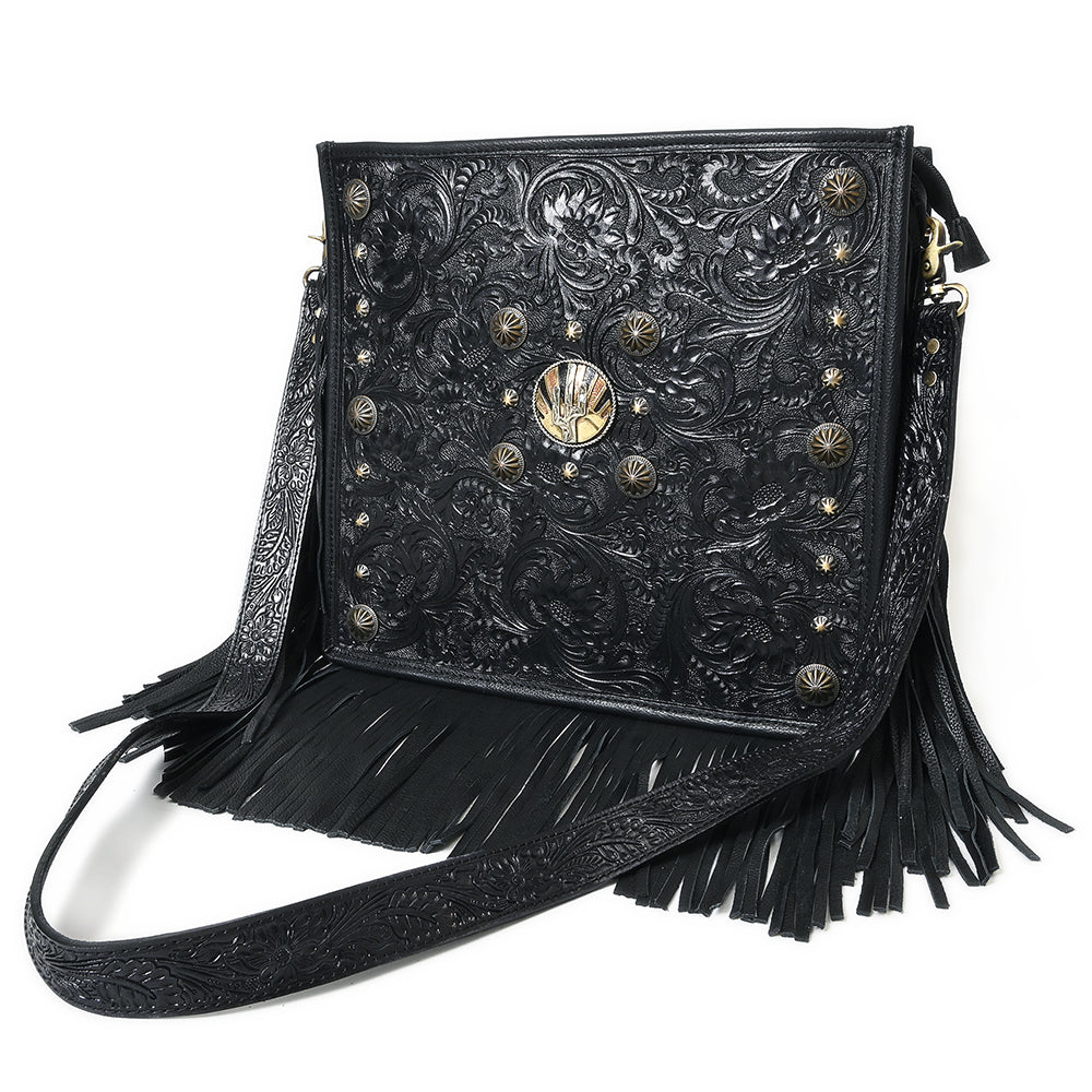 ADBGA881 Black Tooled Leather Fringe Crossbody - Western Concho & Turquoise Accent Bag