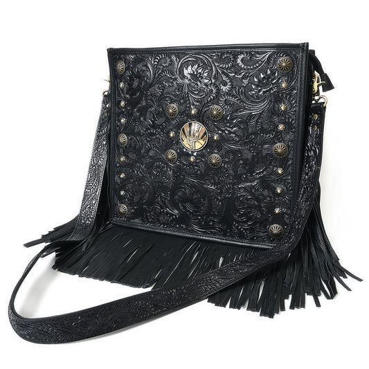 ADBGA881 Black Tooled Leather Fringe Crossbody - Western Concho & Turquoise Accent Bag