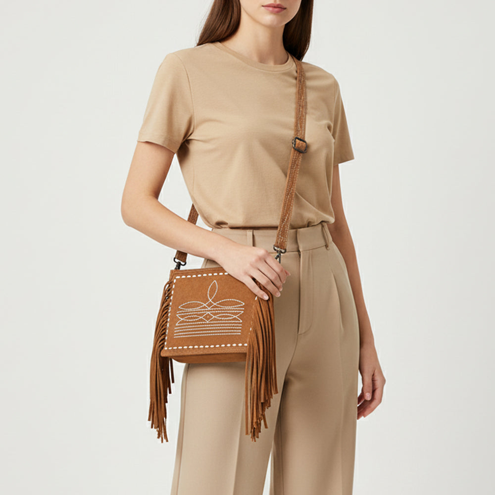 ADBG1572 American Darling Western Genuine Suede Leather Crossbody Bag with Fringe & Buck Stitch Detailing