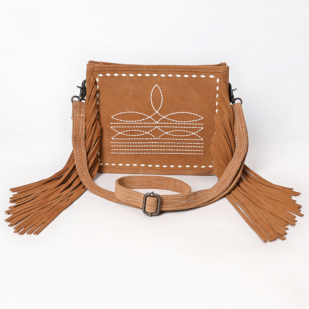 ADBG1572 American Darling Western Genuine Suede Leather Crossbody Bag with Fringe & Buck Stitch Detailing