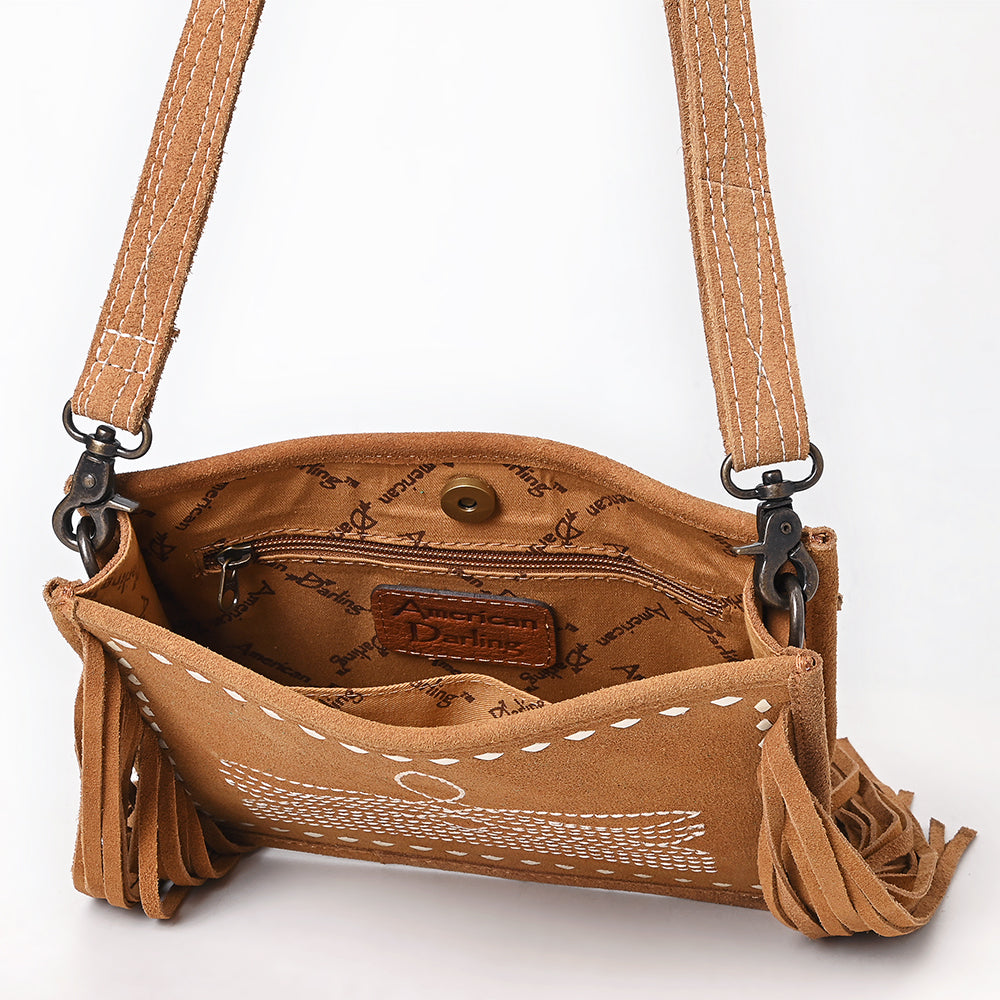 ADBG1572 American Darling Western Genuine Suede Leather Crossbody Bag with Fringe & Buck Stitch Detailing