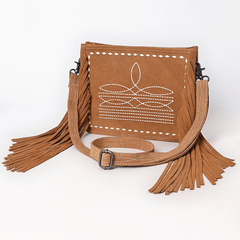 ADBG1572 American Darling Western Genuine Suede Leather Crossbody Bag with Fringe & Buck Stitch Detailing