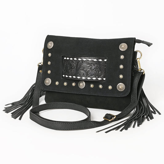 ADBGA906 Black Genuine suede Crossbody Bag - Tooled Leather Inlay with Fringe & Concho Studs