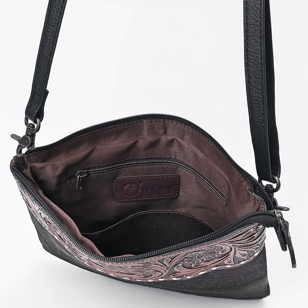 OHG201 Ohlay Hand-Tooled Leather Crossbody Bag with Floral Accents