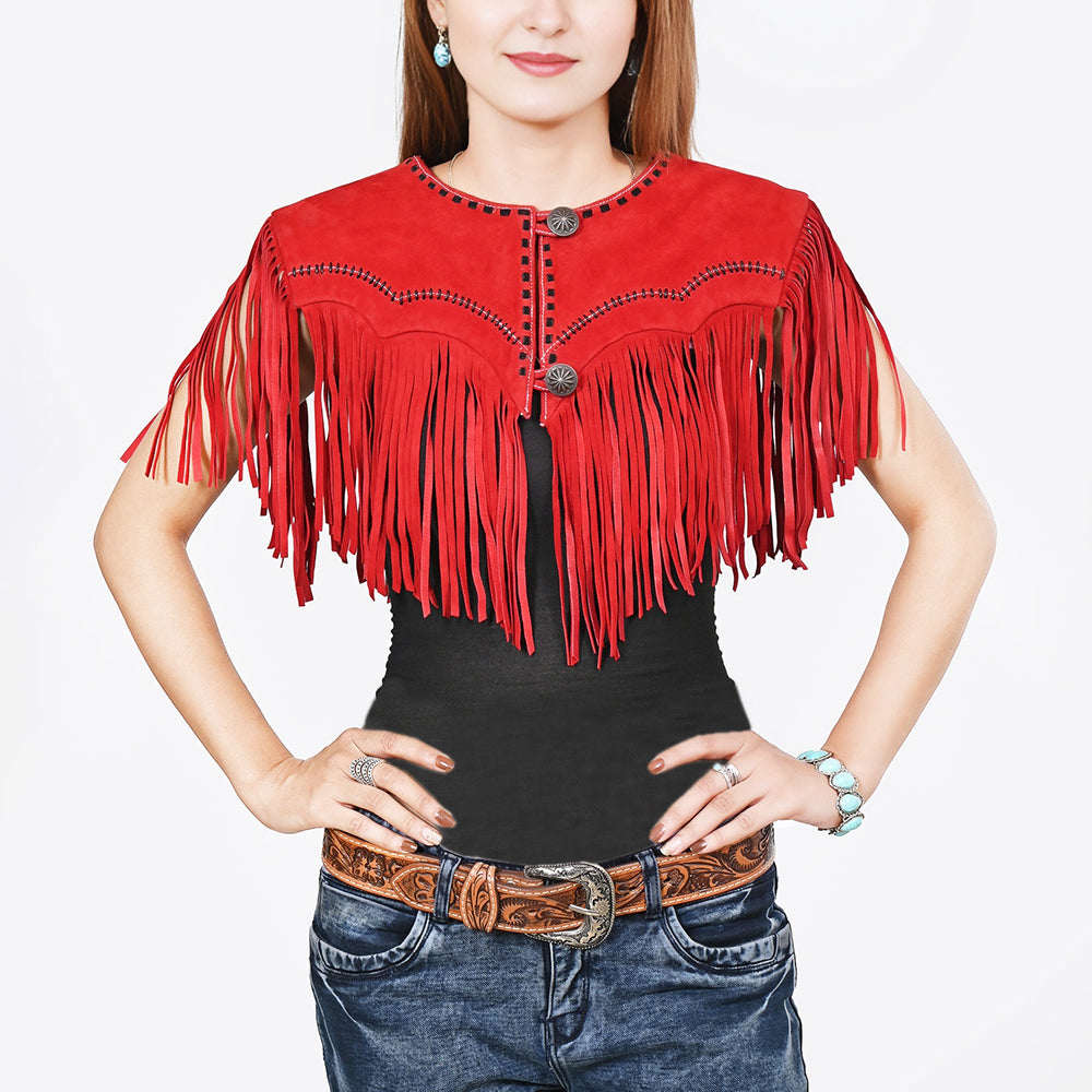 ADDR023 American Darling Red Suede Leather Cape Western Fringe Concho Top