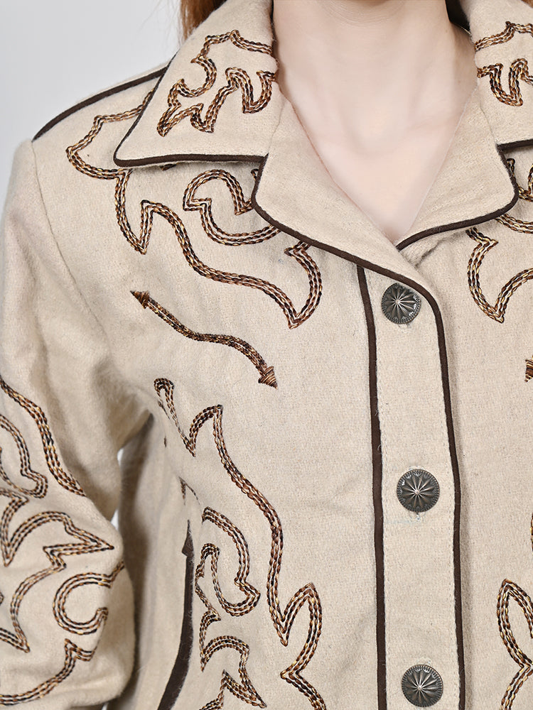 ADJKT079 Women Western Button-Front Woolen Jacket with Embroidery