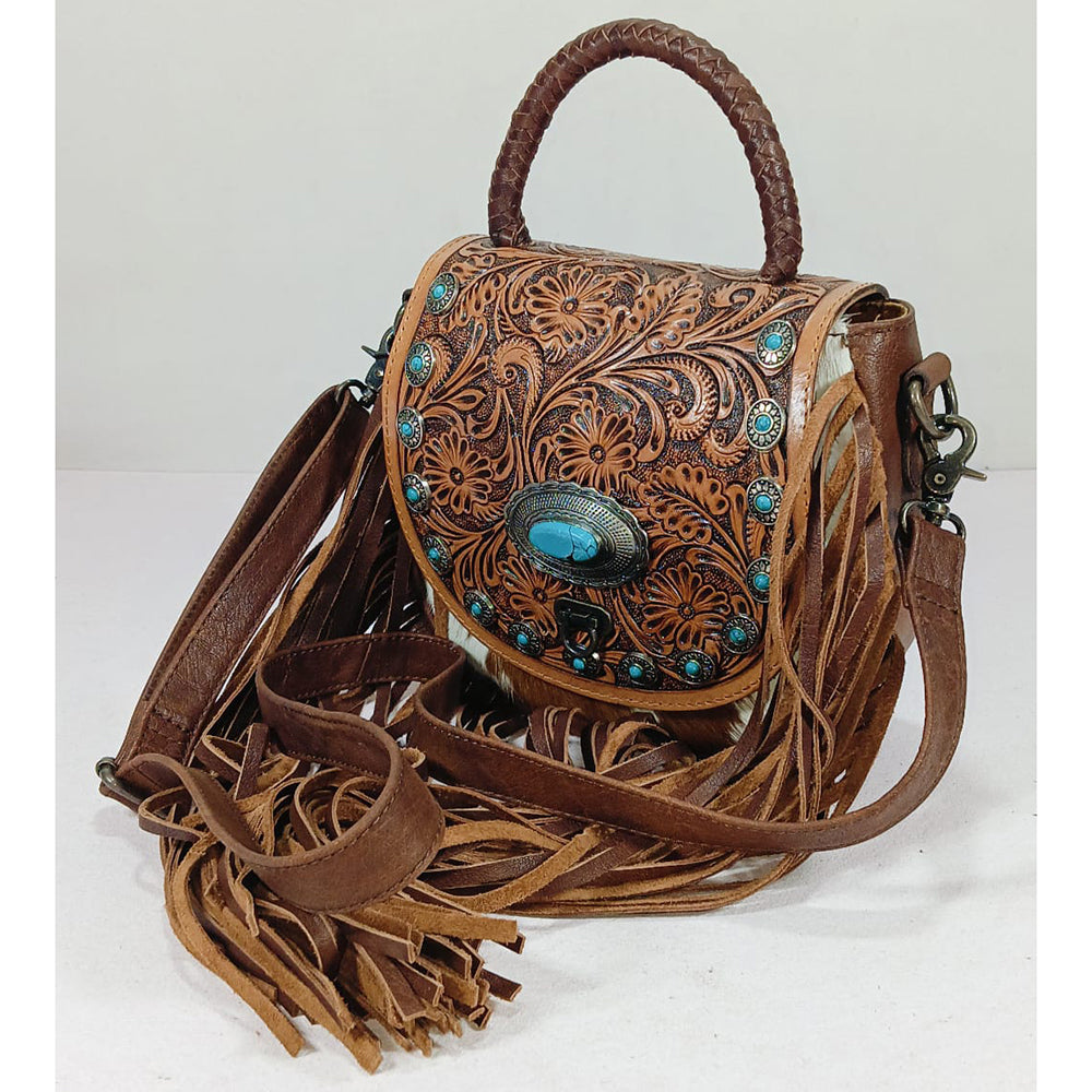 ADBG1856 American Darling Fringe Hand Tooled Genuine Leather Hair On Messenger Bag