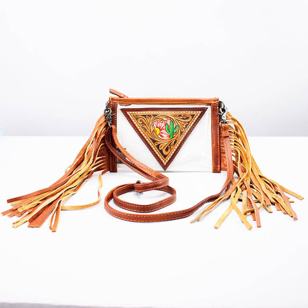 ADBG1864 American Darling Western Clear Bag with Hand-Tooled Floral Panel and Fringes