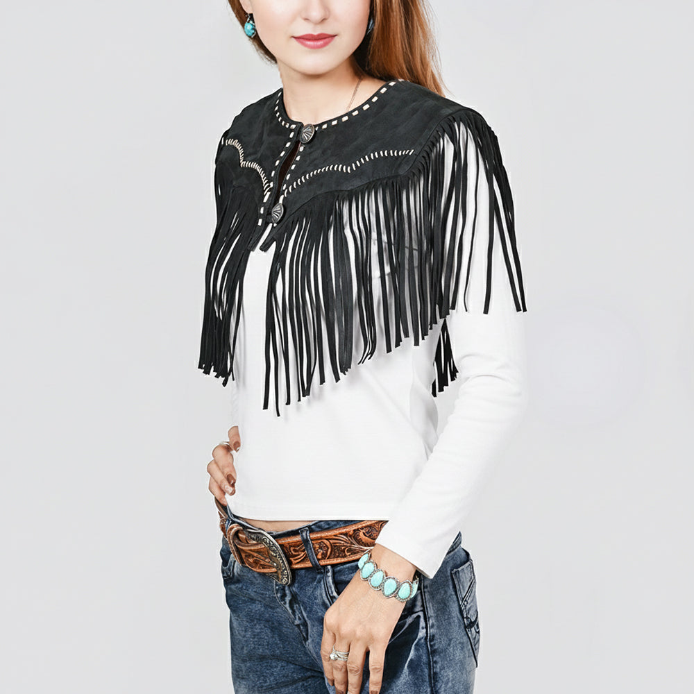 ADDR023A American Darling Black Suede Leather Fringe Cape Western Concho Vest