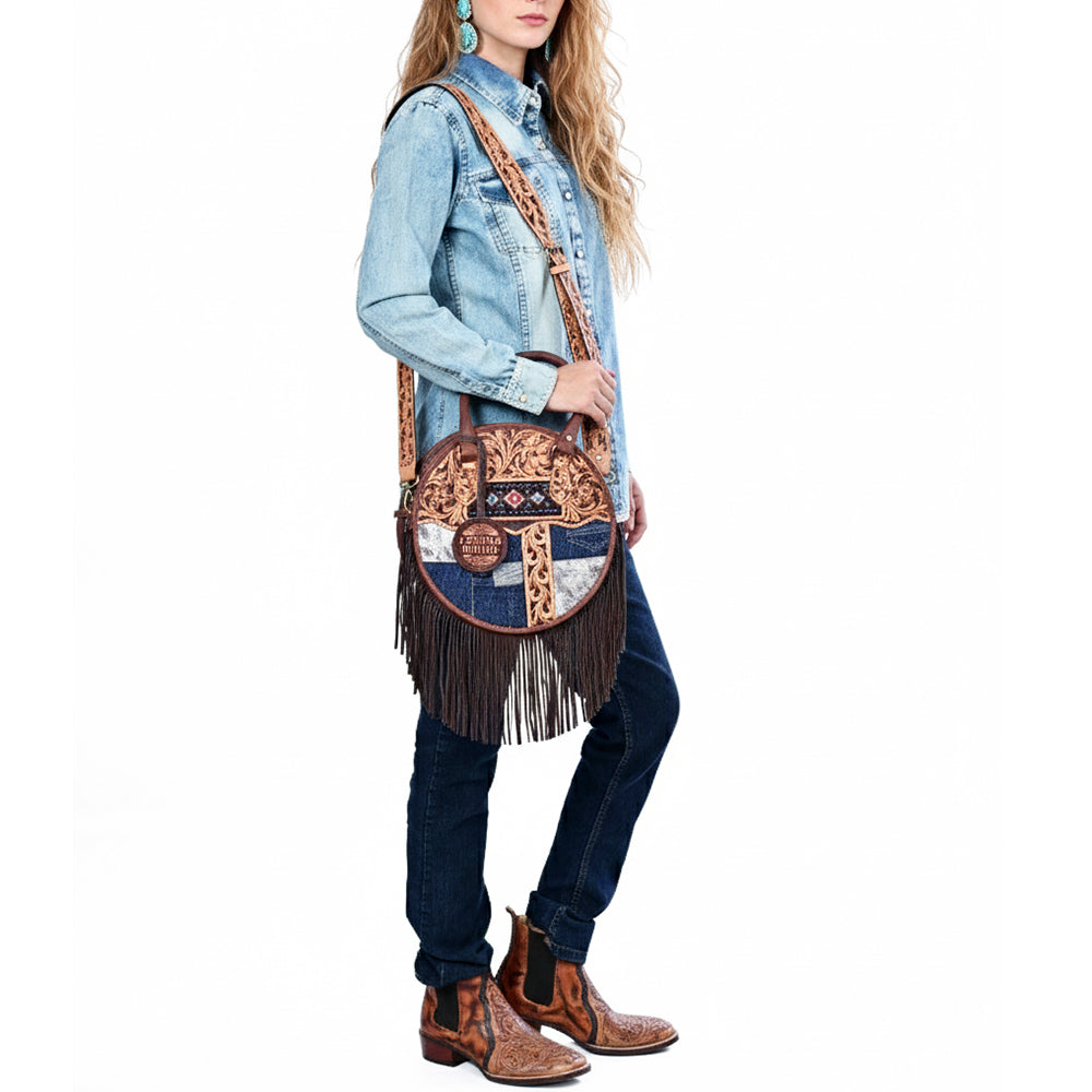 ADBGA977 Canteen Hand Tooled Hair on Genuine Leather Women Bag