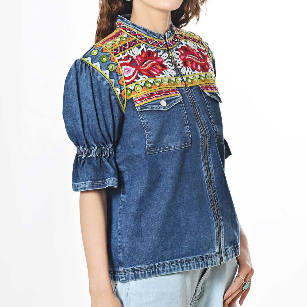 ADJKT091 American Darling Embroidered Denim Fabric Short Sleeve Zip Up Apparel Jacket