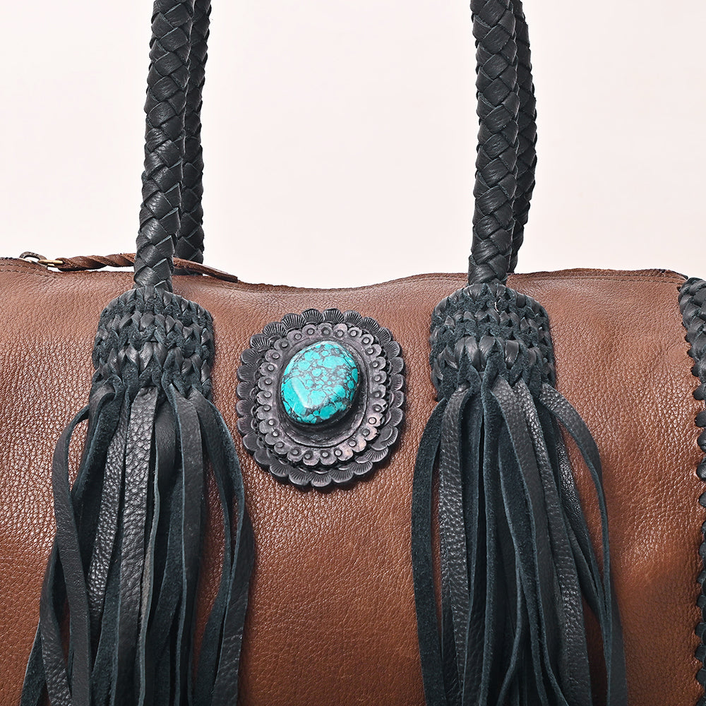 ADBGM270 Western Braided Fringe Duffel with Turquoise Concho - Genuine Leather