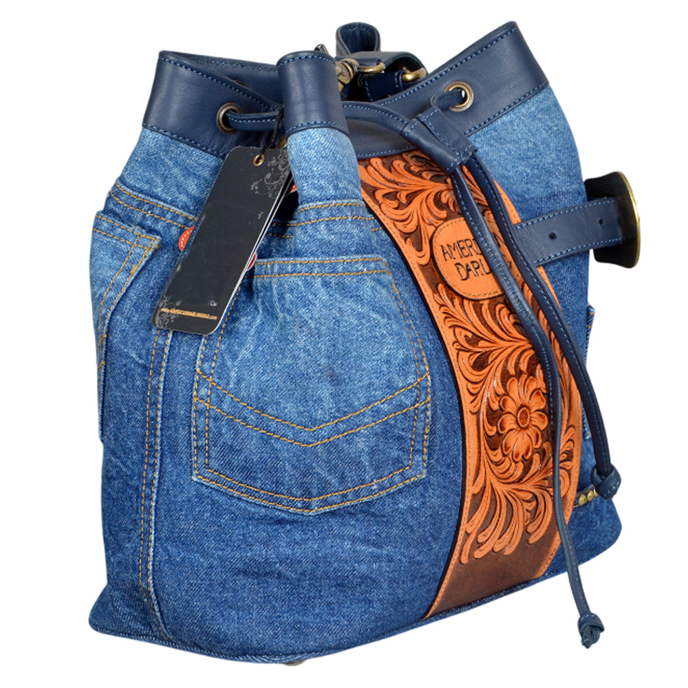 ADBGA998 Bucket Hand Tooled Denim Fabric Genuine Leather Women Bag