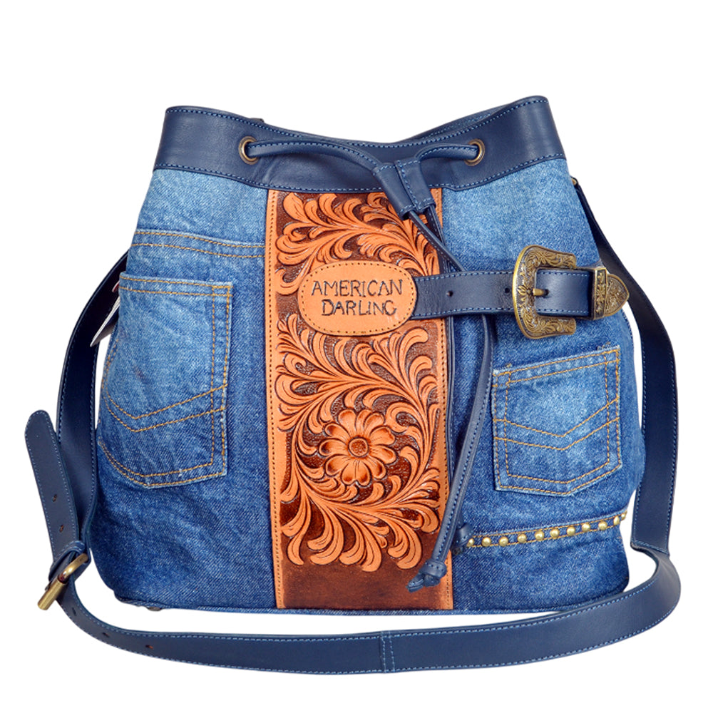 ADBGA998 Bucket Hand Tooled Denim Fabric Genuine Leather Women Bag