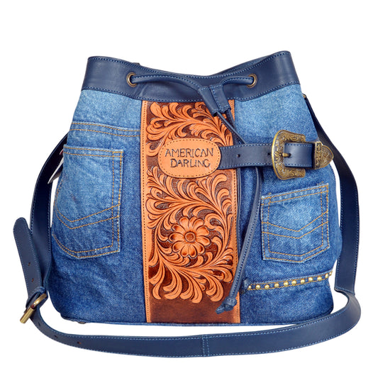 ADBGA998 Bucket Hand Tooled Denim Fabric Genuine Leather Women Bag